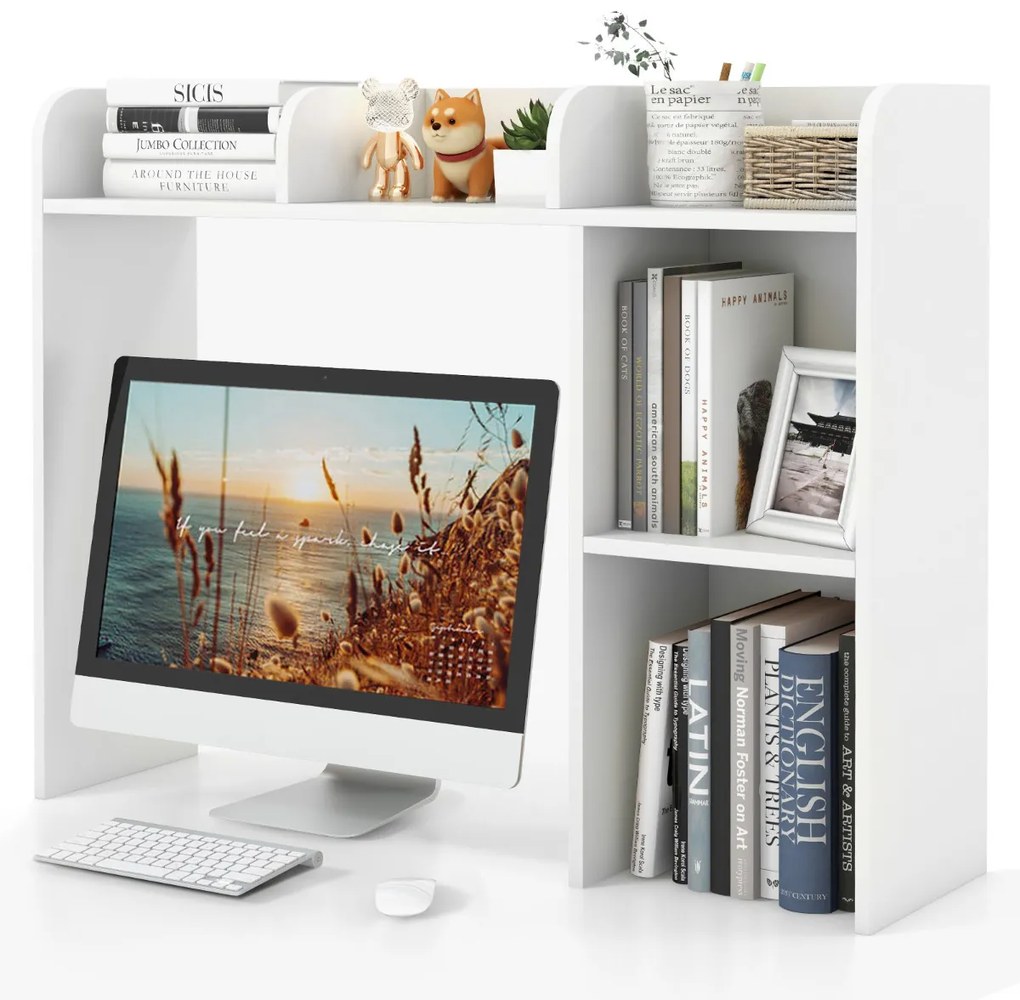 Prateleira de madeira para secretária com 4 prateleiras e organizador de secretária com compartimento aberto 94 x 25 x 74 cm Branco