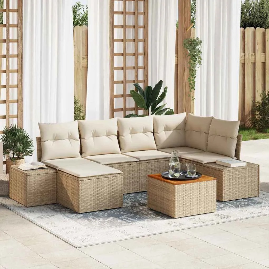 vidaXL Conjunto de sofá de jardim com 7 peças e almofadas bege em polyrattan e acácia