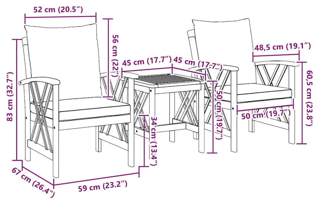 Conjunto de Lounges de Jardim em 3 Peças com Almofadas em Madeira de A