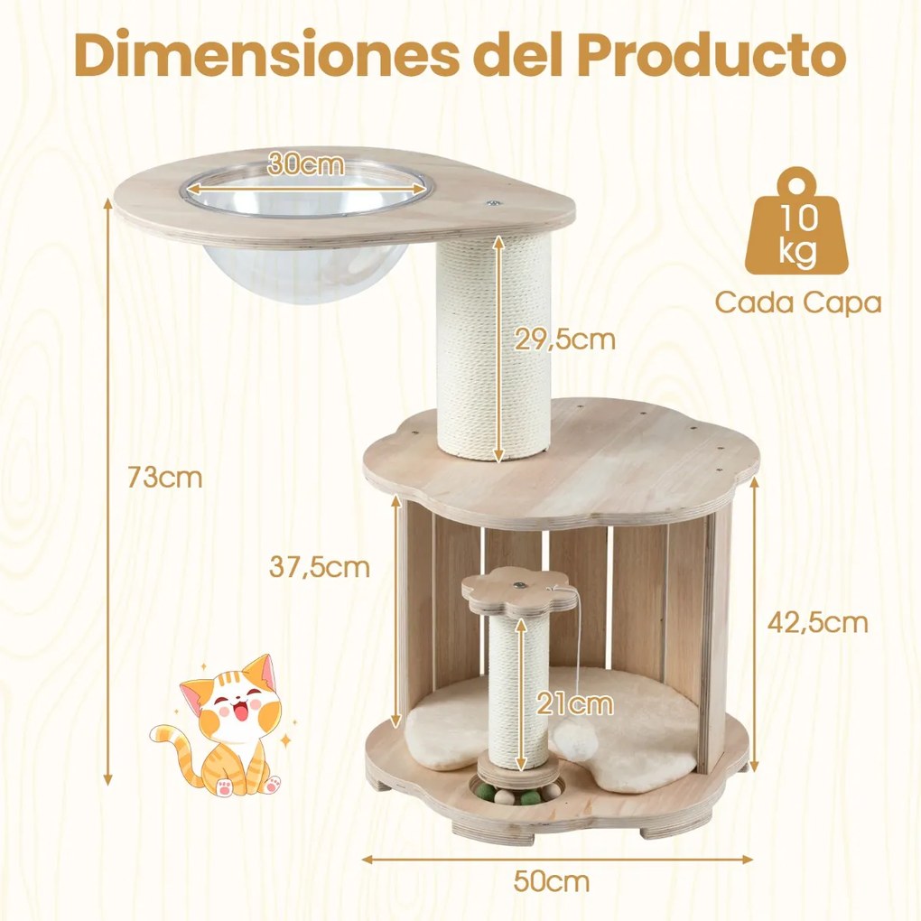 Arranhador para gatos de madeira 50 x 73 cm com 3 níveis, cápsula espacial, postes para arranhar, brinquedo e tapete lavável para interior, 74 cm, car