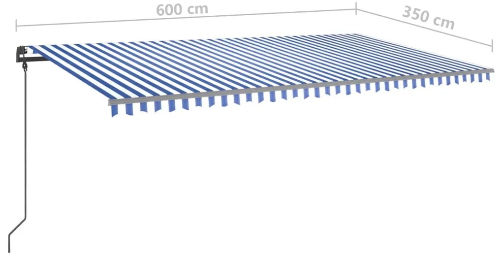 Toldo retrátil manual com postes 6x3,5 m azul e branco
