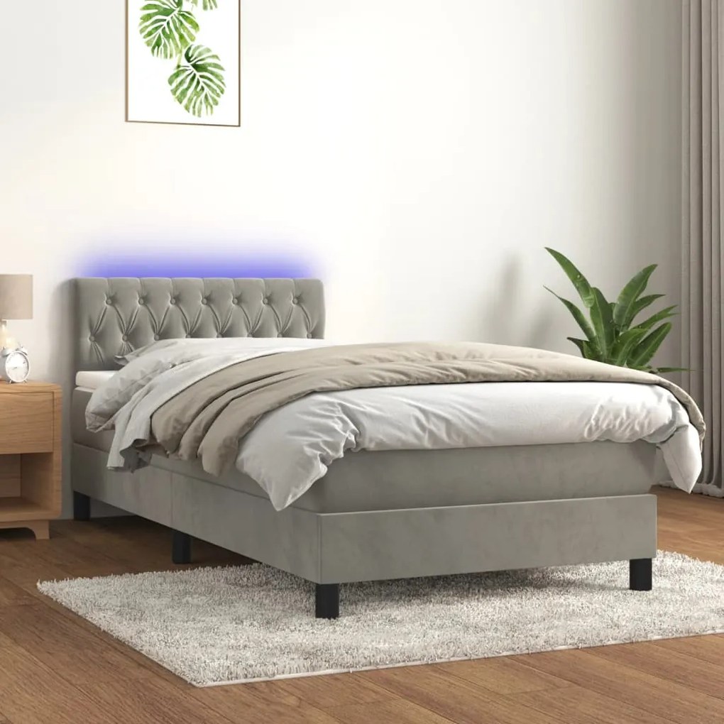 Cama box spring c/ colchão/LED 100x200 cm veludo cinzento-claro