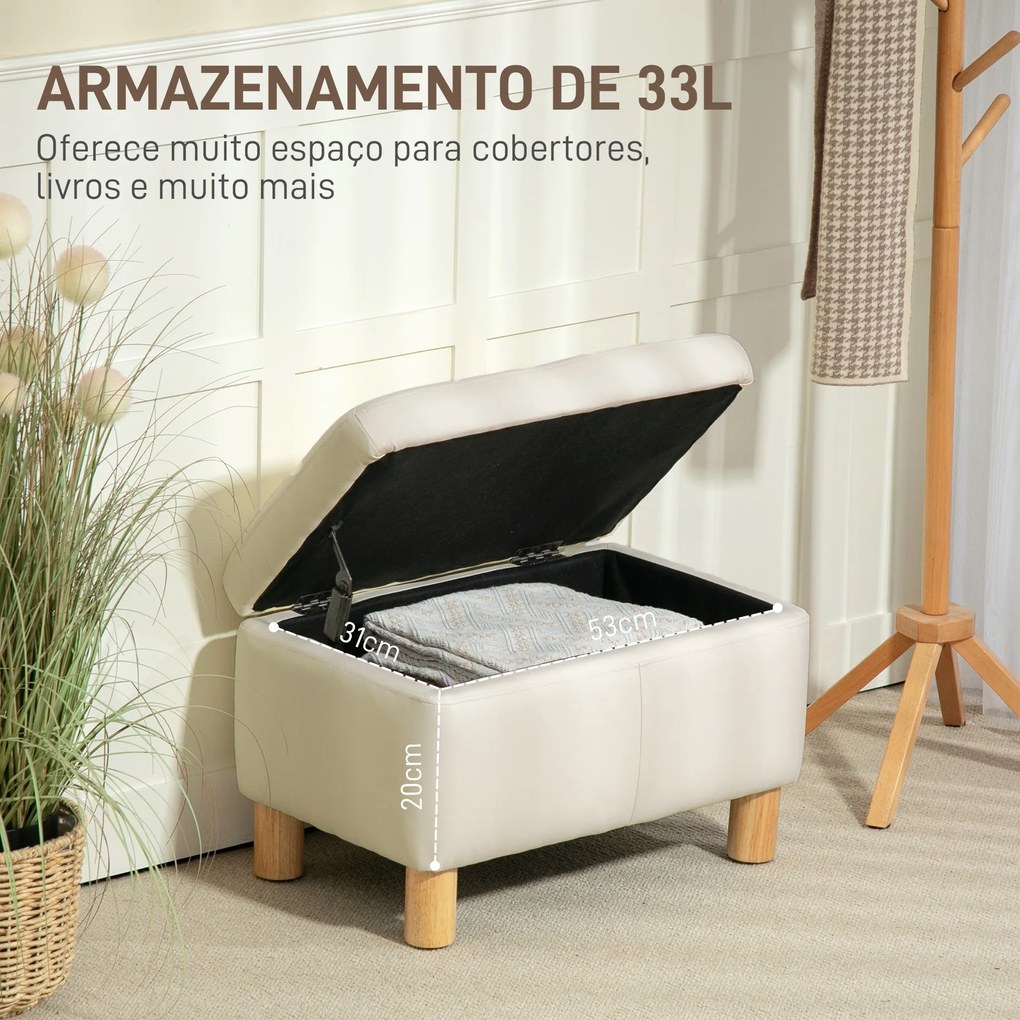 Baú de Armazenamento para Dormitório 33L Puff de Armazenamento Estofado em PU Banco de Arrumação 60x38x40 cm Creme