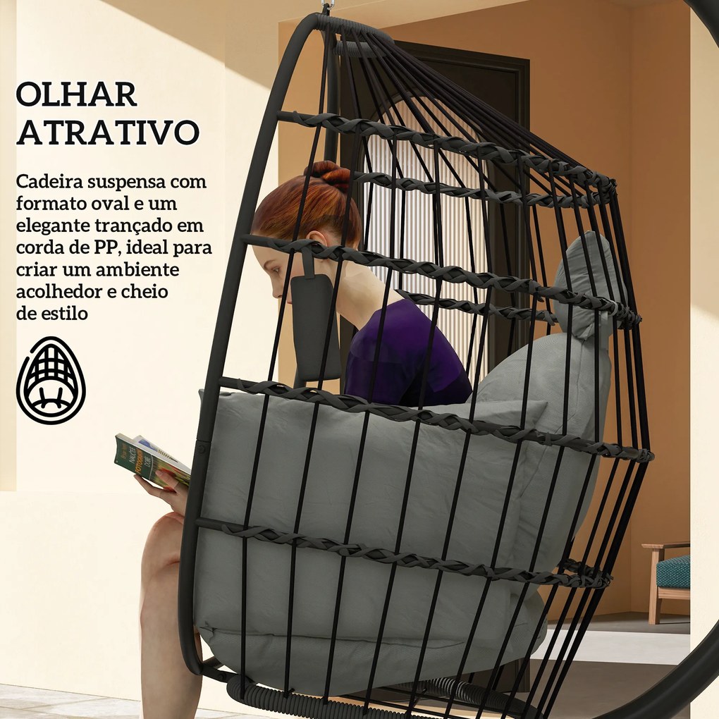 Cadeira Suspensa com Suporte Cadeira Baloiço de Jardim com Cesto Dobrável Almofada e Apoio para a Cabeça 120x88x192 cm Preto