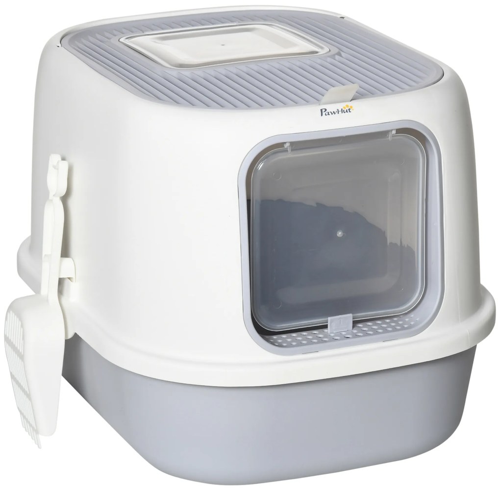 PawHut Caixa de Areia para Gatos Caixa de Areia Fechada com Entrada Dianteira Saída Superior Bandeja Removível e Pá 40x53,5x37,5cm Cinza e Bege