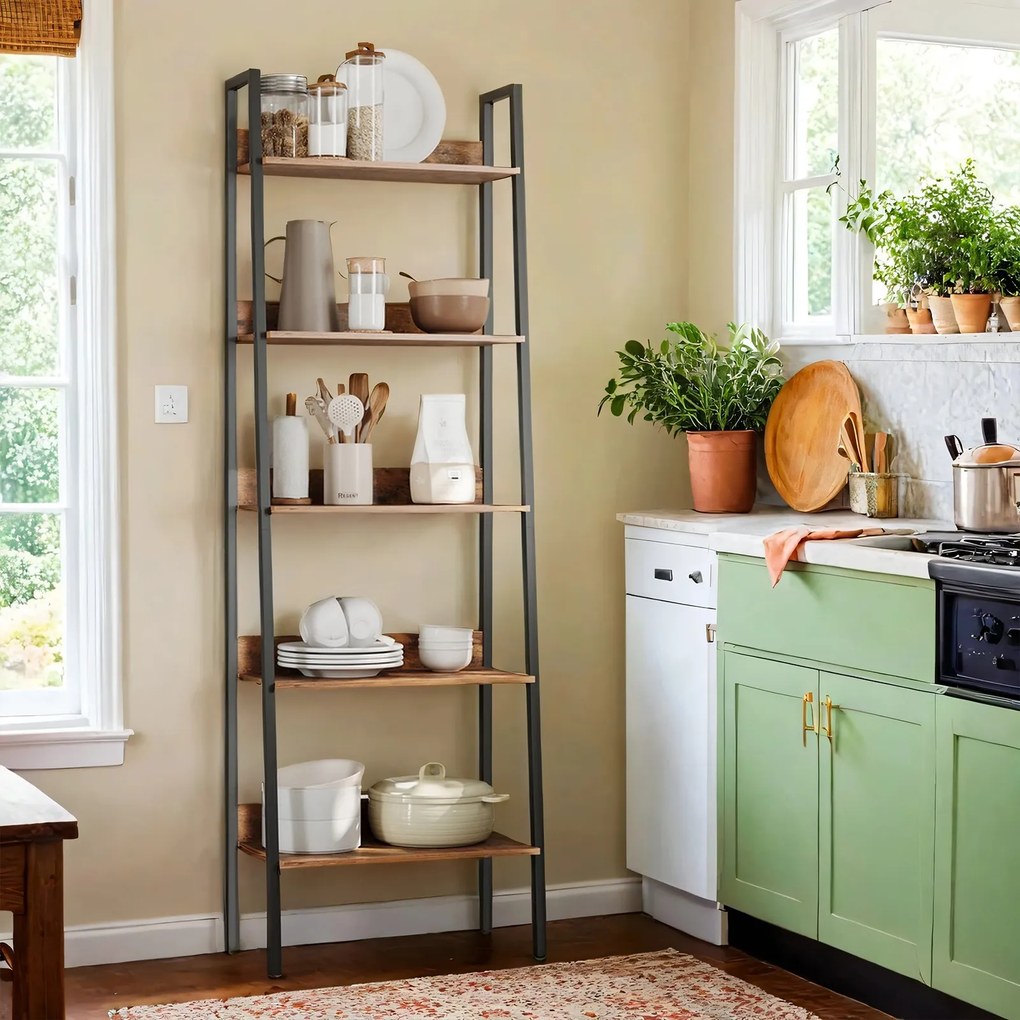 Estante de 5 prateleiras em forma de escada 30 x 60 x 170 cm castanho vintage-preto