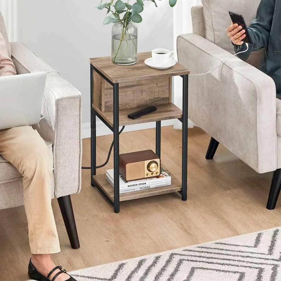 Mesa apoio, mesa de cabeçeira com 2 tomadas eléctricas e 2 portas USB castanho avelã e preto
