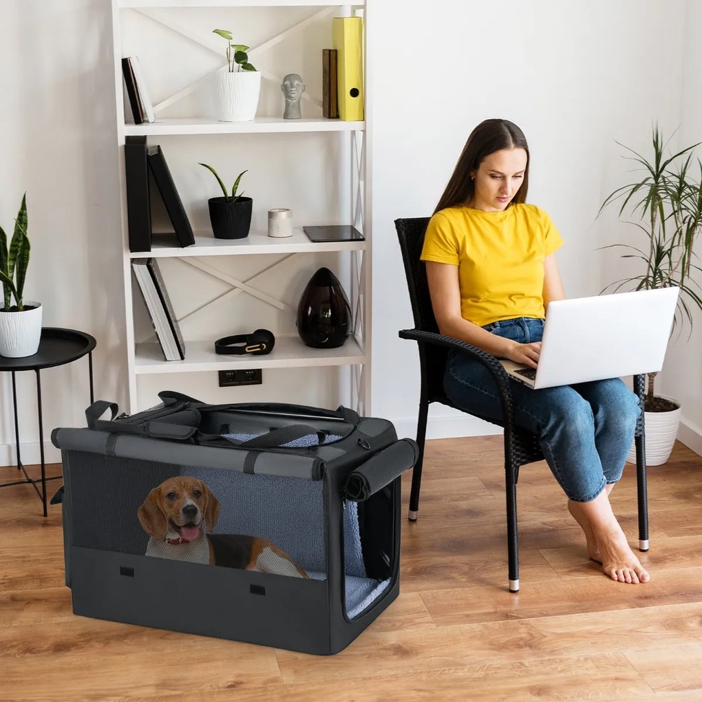 Saco de transporte dobrável e portátil Tamanho M - 90 x 76 x 48 cm para animais de estimação com 2 aberturas e janela Tapete macio Preto