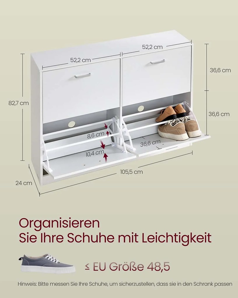 Armário para sapatos 24 x 105,5 x 82,7 cm com 4 portas e divisória ajustável em branco