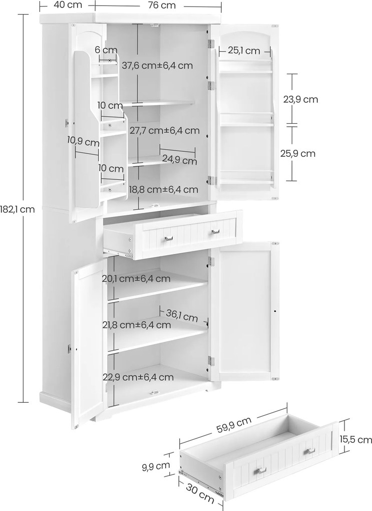 Armário de cozinha com prateleiras e gavetas 40 x 76 x 182,1 cm Branco