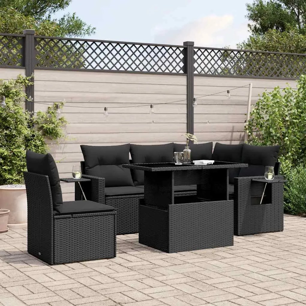 vidaXL 6 pcs conjunto sofás de jardim c/ almofadões vime PE preto