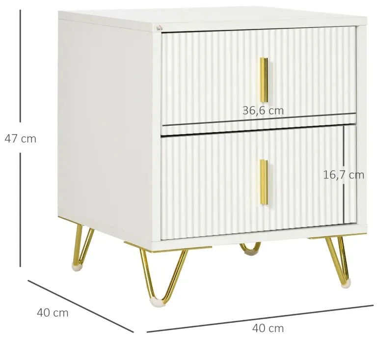 Mesa de Cabeceira "Aurora" com 2 Gavetas – 40x40x47 cm – Branco e Dour