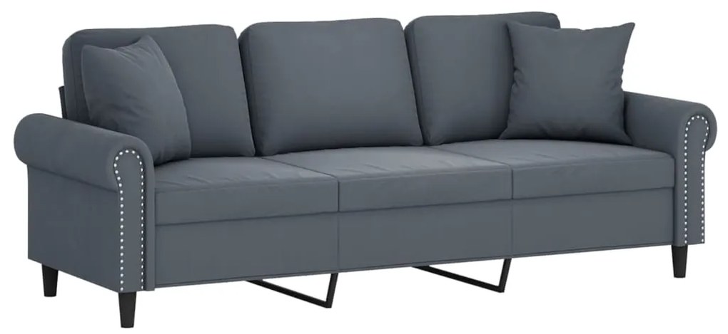 Sofá 3 lug. c/ almofadas decorativas 180 cm veludo cinza-escuro