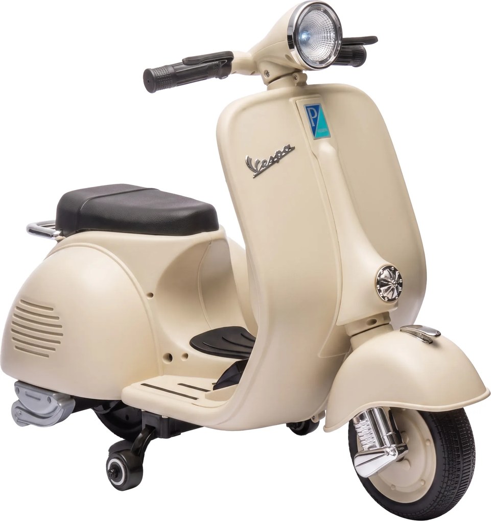 AIYAPLAY Mota Elétrica Infantil VESPA com Arranque Suave, Rodinhas, Luz, Música e USB - Branco | Aosom Portugal