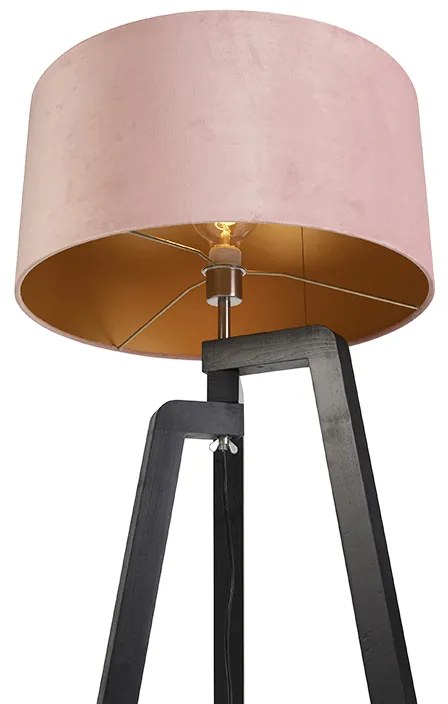 Candeeiro de pé tripé preto com cúpula rosa e dourado 50 cm - Puros Country / Rústico
