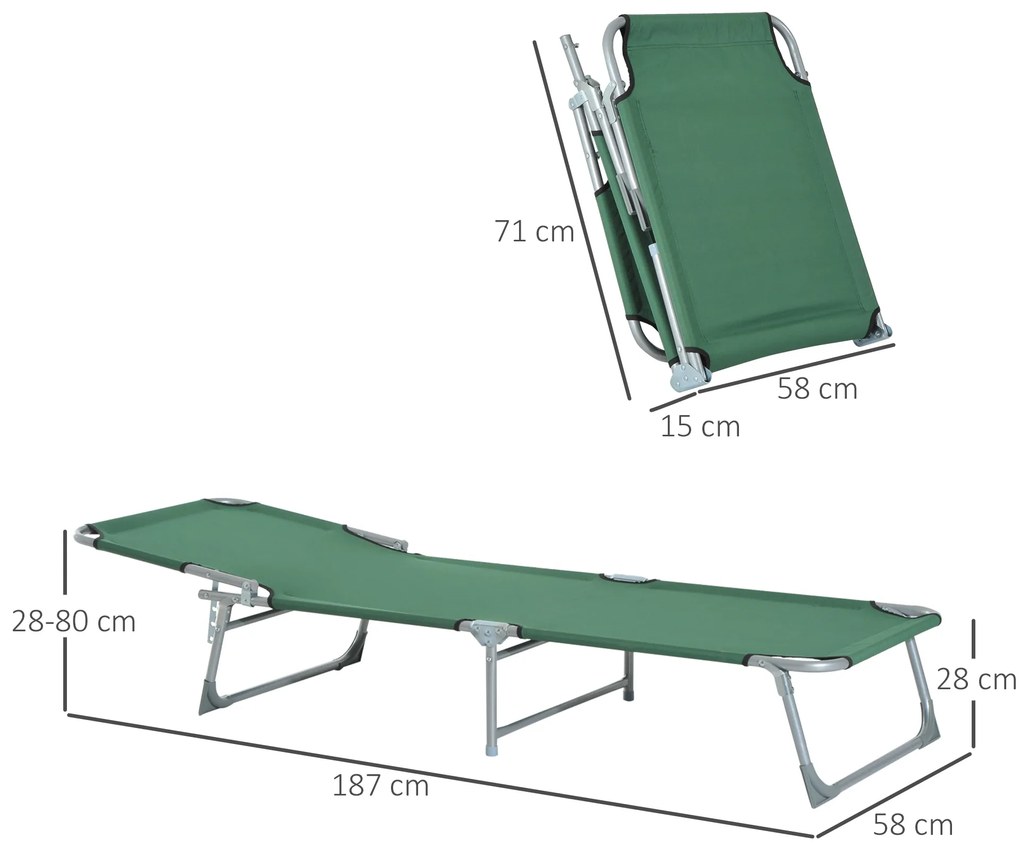 Espreguiçadeira Dobrável e Reclinável em 4 Posições com Estrutura Metálica e Tecido Oxford para Exterior 187x58x28 cm Verde