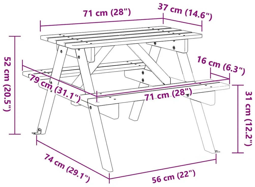 Mesa piquenique 4 crianças c/ orifício guarda-sol abeto maciço