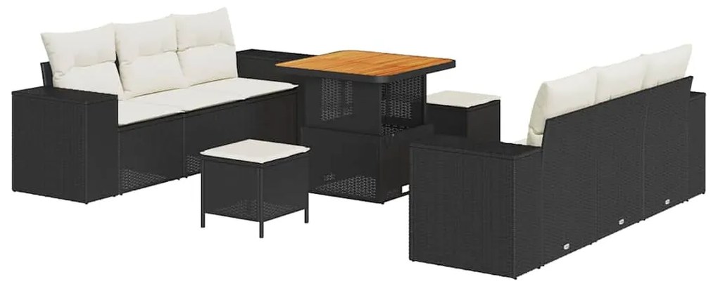 Conjunto de Sofá de Jardim com 9 Peças e Almofadas em Rattan Preto e A