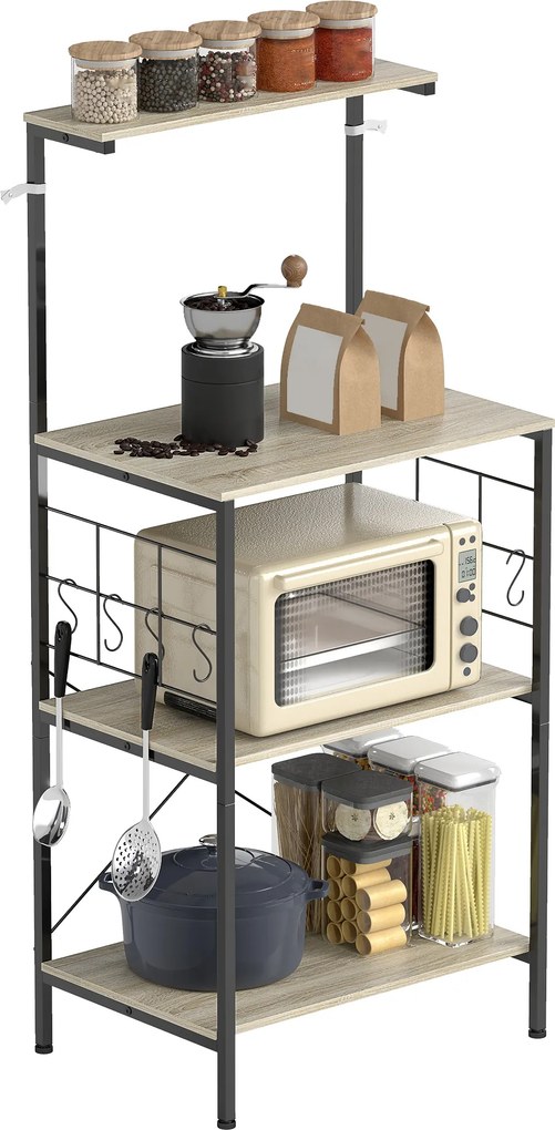 Armario de cozinha, suporte para micro-ondas, com painel em rede, 8 ganchos, 60 x 42 x 134,5 cm, carvalho