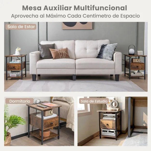Mesa de cabeceira, mesa apoio de 3 níveis com estação de carregamento com Estante e Gaveta Estrutura Metálica para Quarto Sala de Estar Castanho