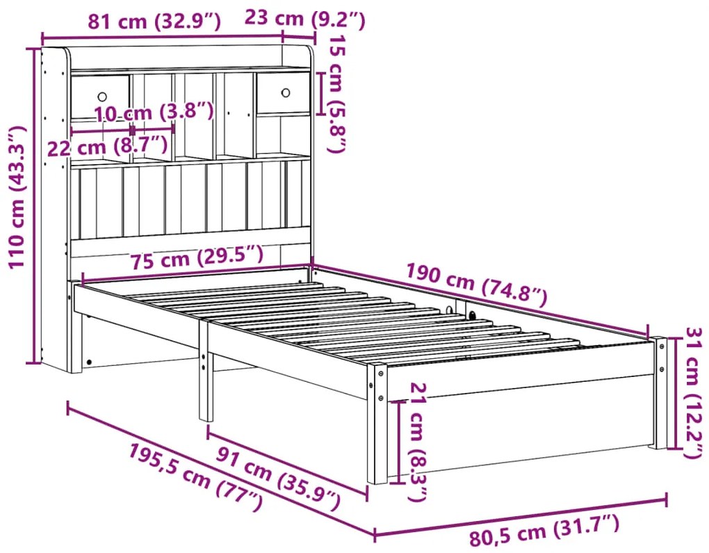 Cama com estante sem colchão 75x190 cm pinho maciço