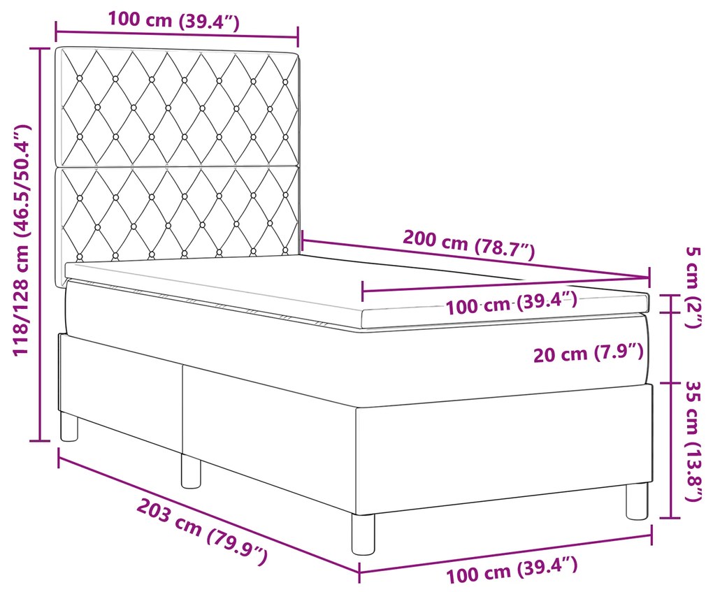 Cama Box Spring vidaXL com Colchão Preto 100x200 cm Veludo