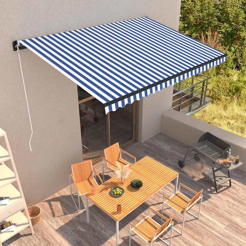 vidaXL Toldo retrátil manual 450x300 cm azul e branco