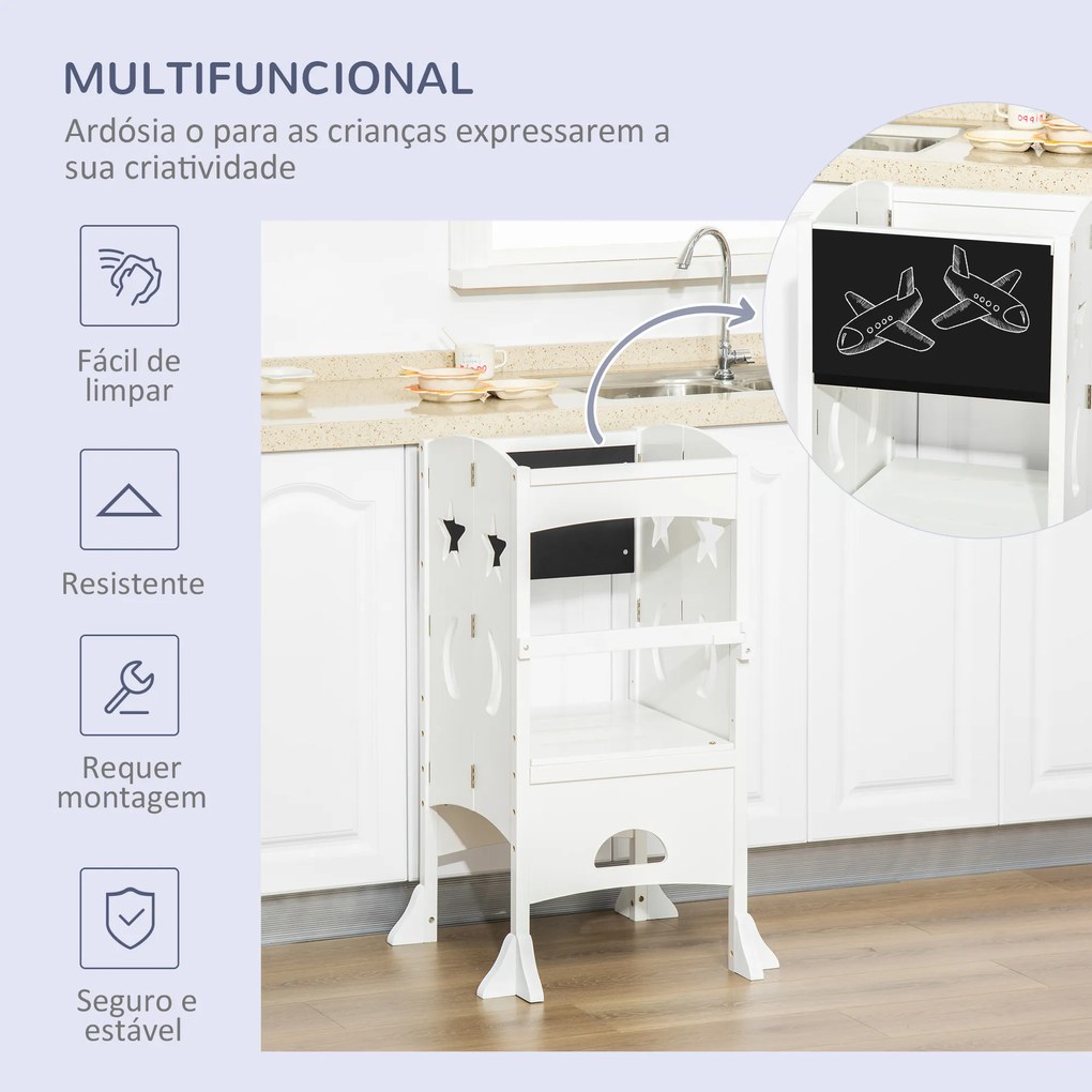 HOMCOM Torre de Aprendizagem para Crianças 3-6 anos de Madeira Torre de Aprendizagem Infantil Dobrável com Ardósia e Barra de Segurança para Casa de Banho Cozinha 56,5x56,5x94cm Branco