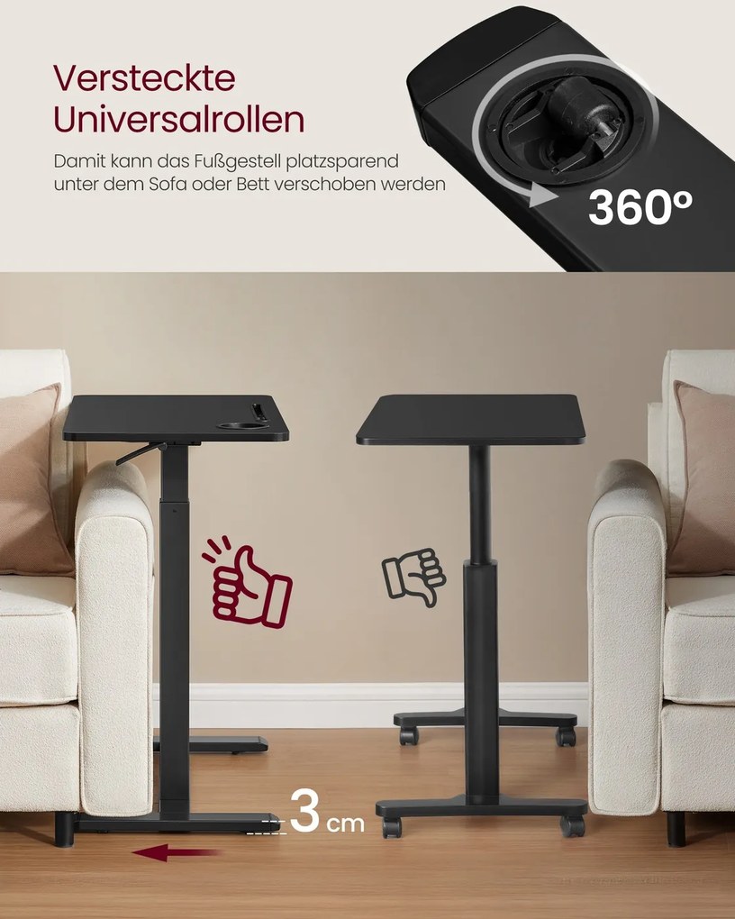 Mesa de secretaria auxiliar móvel com rodas e suportes para copos 70 x 40 x (65-102) cm Altura ajustável, em Preto
