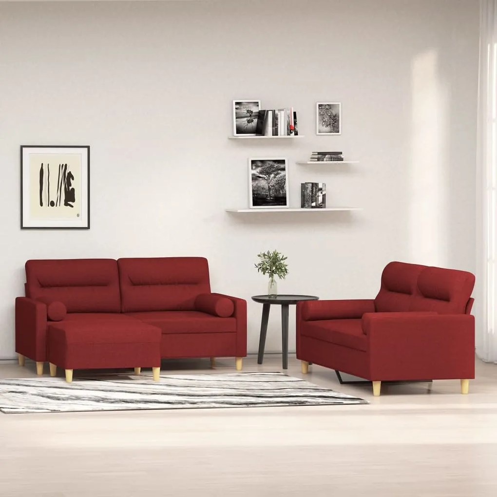 vidaXL 3 pcs conjunto de sofás c/ almofadões tecido vermelho tinto