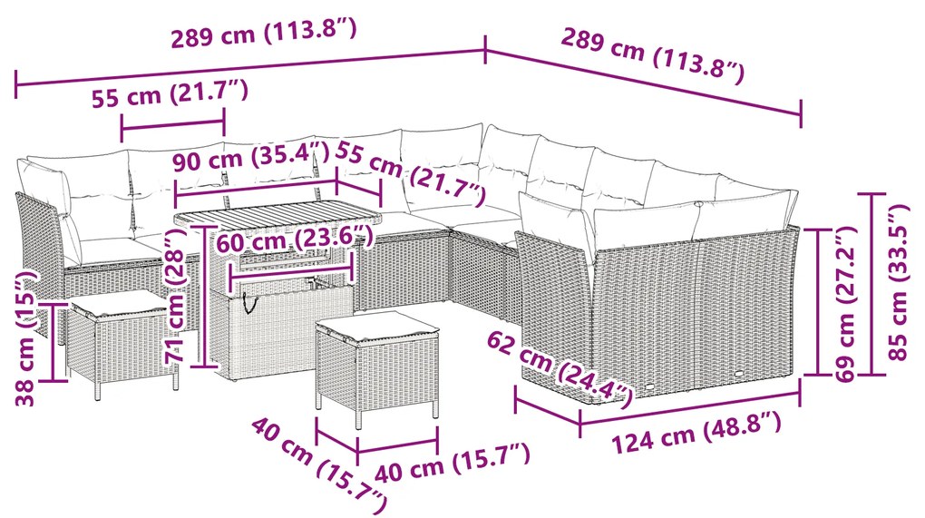 Conjunto de Sofá de Jardim vidaXL 13 Peças com Almofadas Bege Rattan P