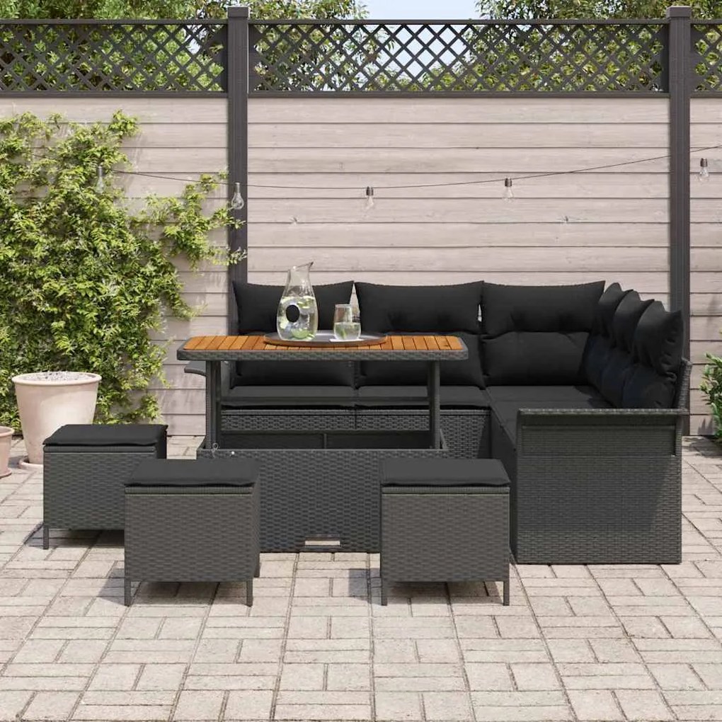 Conjunto de Sofá de Jardim 9 Peças com Almofadas de Rattan Poliéster P