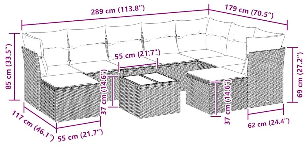 10 pcs conjunto sofás de jardim c/ almofadões vime PE preto
