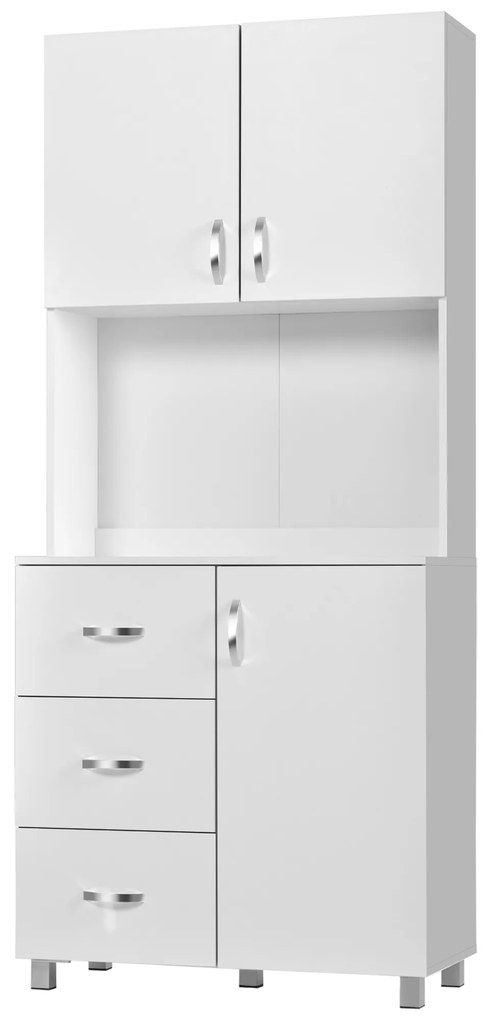 HOMCOM Armário de Armazenamento de Cozinha Armário Alto com 3 Gavetas 3 Portas e Prateleiras Interiores Ajustáveis móvel Auxiliar para Sala de Jantar Sala de Estar 80x39,5x183,5cm Branco