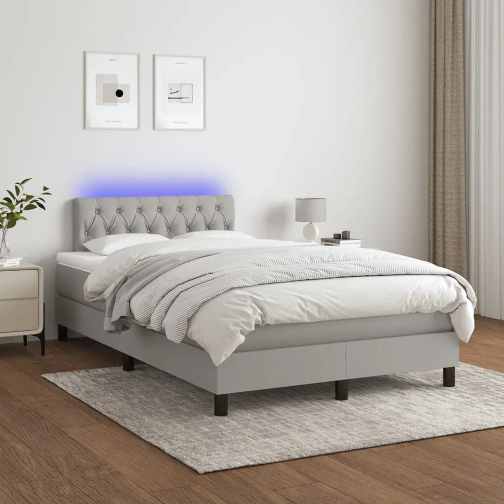 Cama box spring c/ colchão e LED 120x190 cm tecido cinza-claro