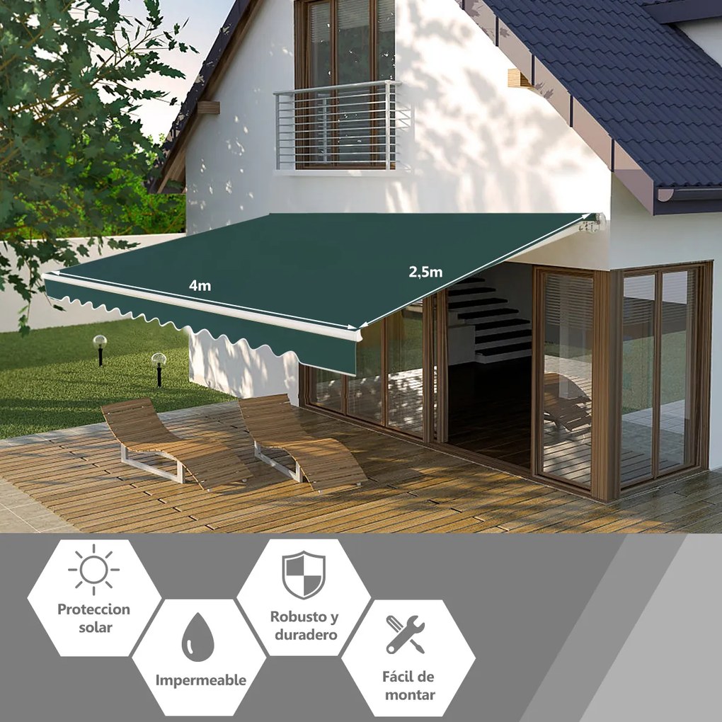 Toldo retrátil 4 x 2,5 m para varanda, terraço Cobertura em poliéster com manivela manual Estrutura em alumínio resistente Verde