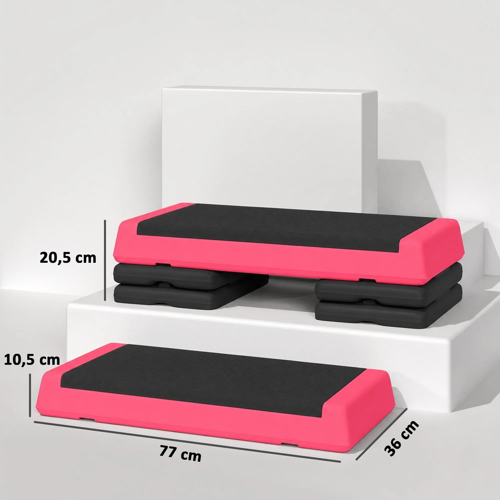 Step Aeróbico Antiderrapante para Fitness com 3 Níveis de Altura 77x36x20,5 cm Rosa e Preto