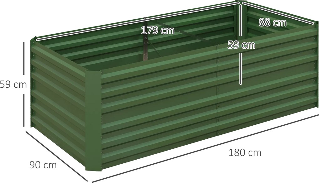 Floreira de horta retangular com tubos de reforço em aço galvanizado 180 x 90 x 59 cm verde