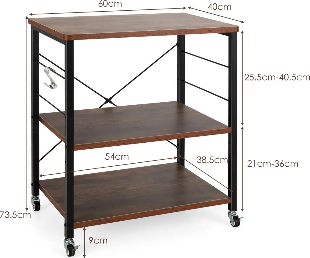 Carrinho de cozinha 60 x 40 x 73,5 cm com rodas bloqueáveis Ganchos removíveis Estante para micro-ondas Castanho