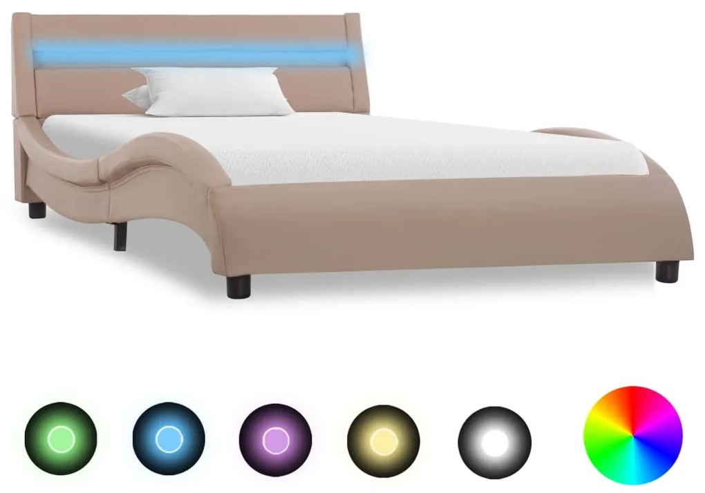 vidaXL Estrutura de cama c/ LEDs 90x200 cm couro artificial cappuccino