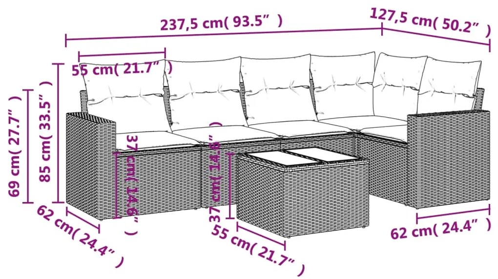 6 pcs conjunto sofás de jardim c/ almofadões vime PE preto