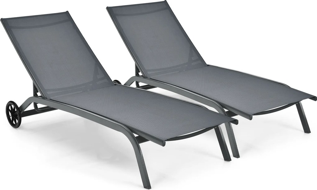 Conjunto de 2 espreguiçadeiras com rodas, tecido de secagem rápida e encosto reclinável em 6 posições, para exterior, piscina, pátio e jardim, cinzent