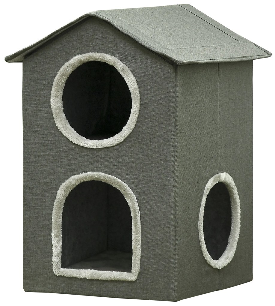 Casa para Gatos de 2 Níveis Cama para Gatos Caverna para Gatos com 3 Portas e Almofadas Laváveis 42x46x59,5 cm Cinza