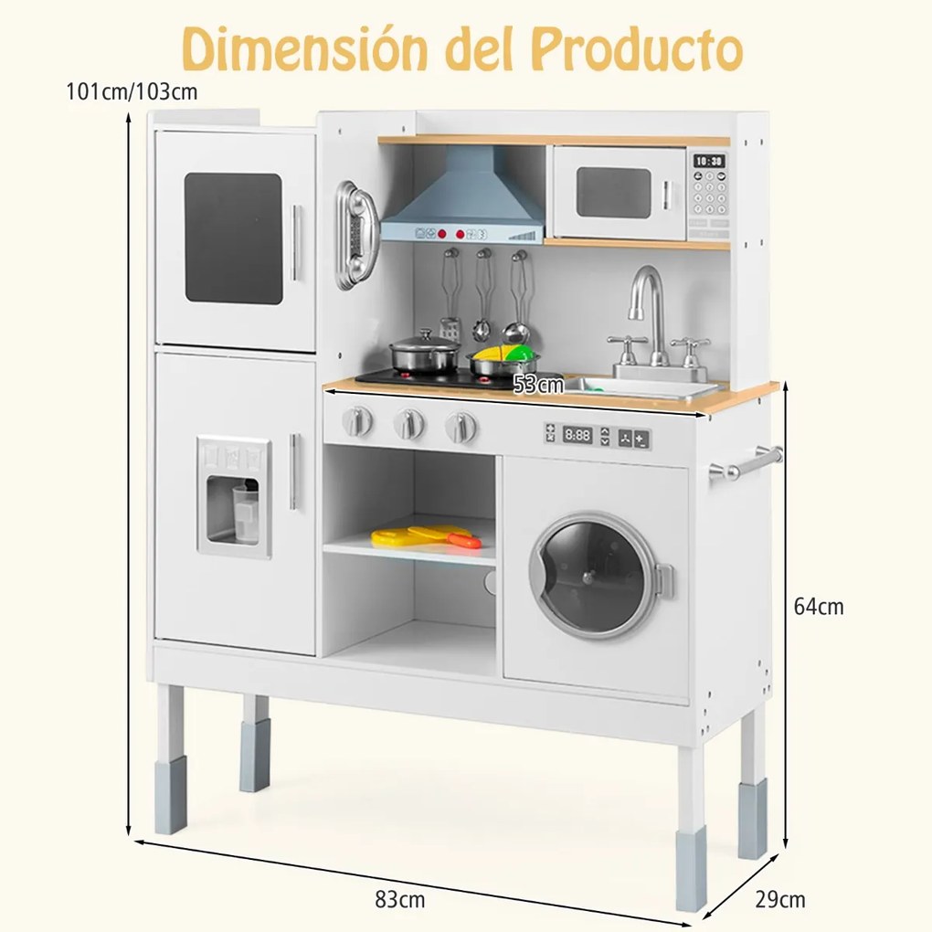Cozinha brincar de madeira 83 x 29 x 103 cm para crianças a partir dos 3 anos com exaustor, máquina de gelo, telefone, 16 acessórios, sons e luzes rea
