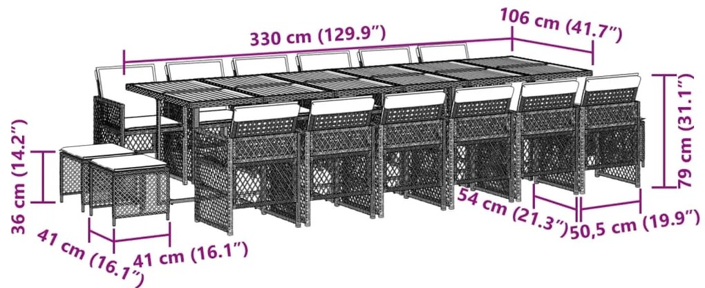 17 pcs conj. de jantar p/ jardim c/ almofadões vime PE cinzento