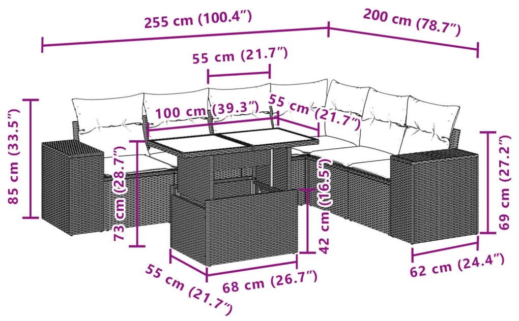 7 pcs conjunto de sofás p/ jardim com almofadões vime PE bege