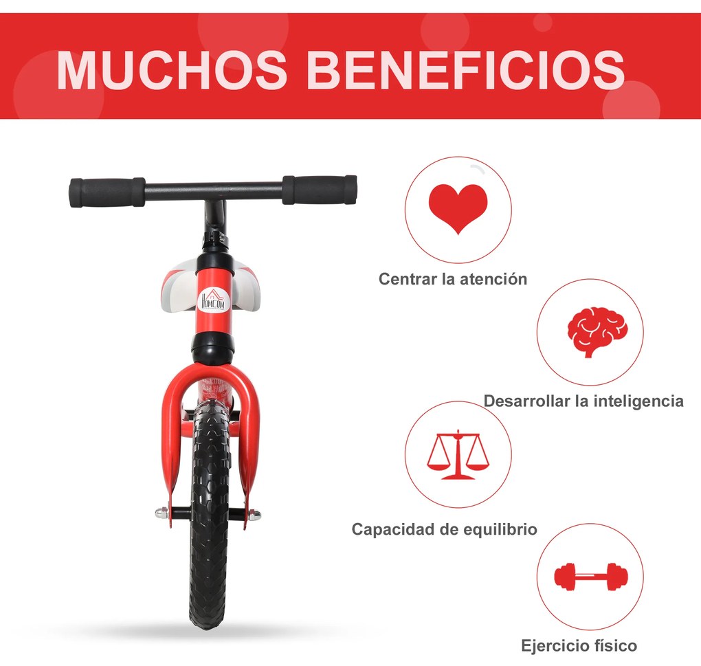 HOMCOM Bicicleta sem pedal para criança acima de 2 anos com selim ajustável em altura Pneus EVA máx. 25 kg Metal 65x33x46 cm Vermelho