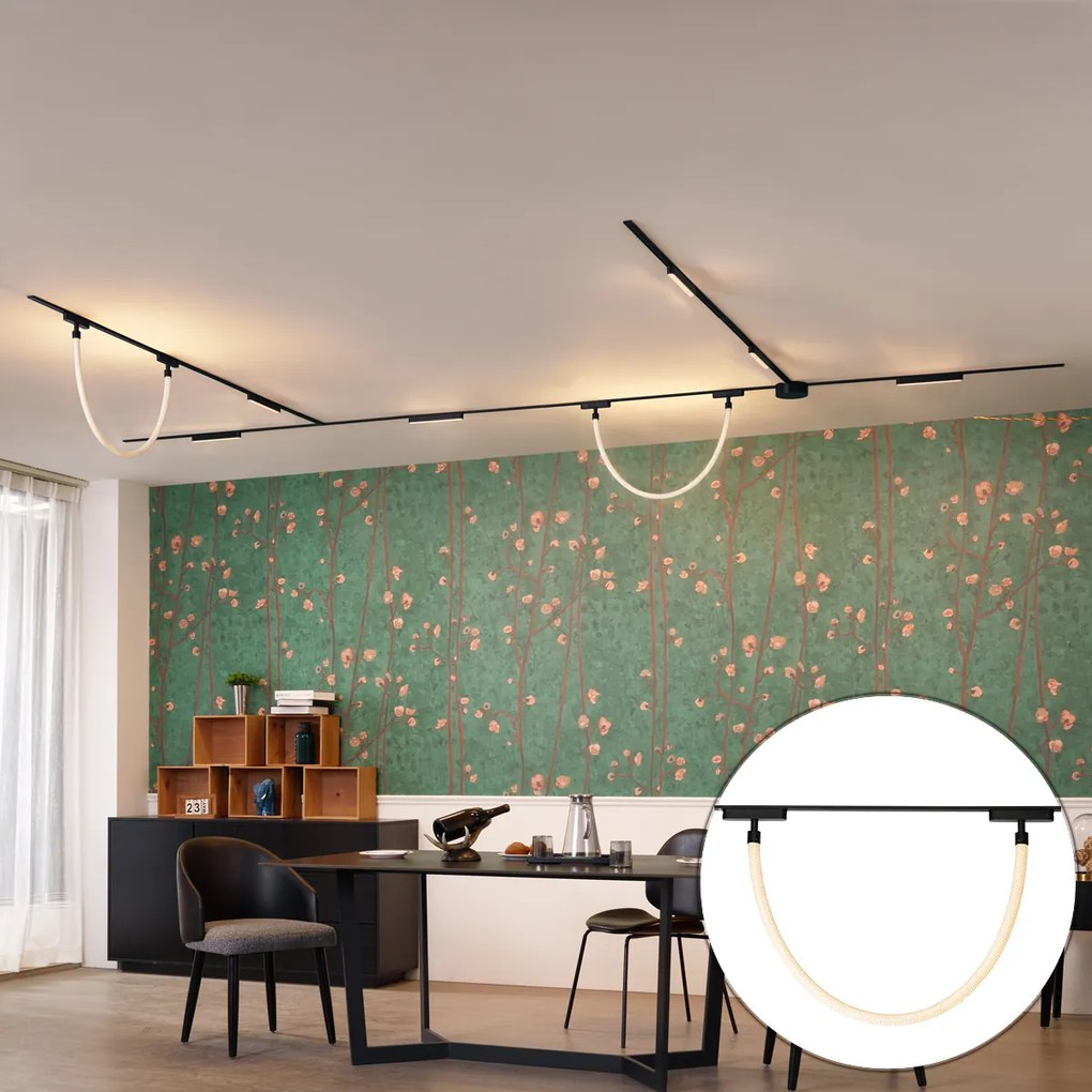 Sistema de iluminação de trilho com 6 luzes de teto e 2 pendentes pretas monofásicas - Magnetic Marra Tautau