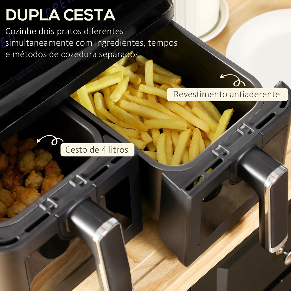 Fritadeira sem Óleo Dupla 8L 2500W com 8 Programas Ecrã LED Tátil Temperatura Ajustável 80-200°C Temporizador e Cesta Antiaderente 38,5x38x30,5 cm Pre