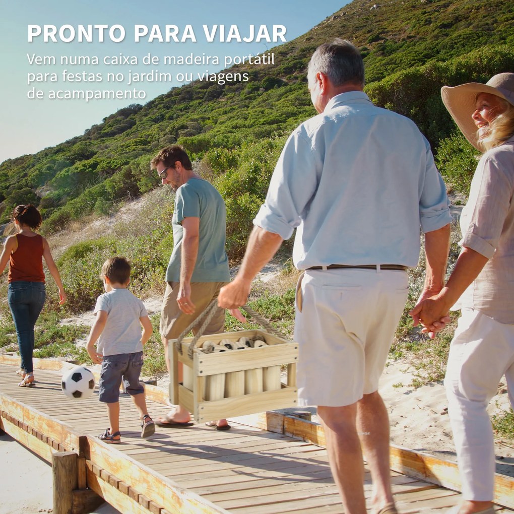 Jogo de Bowling Finlandês em Madeira com 12 Pinos 1 Bastão e Caixa de Transporte para Adultos Jardim Madeira